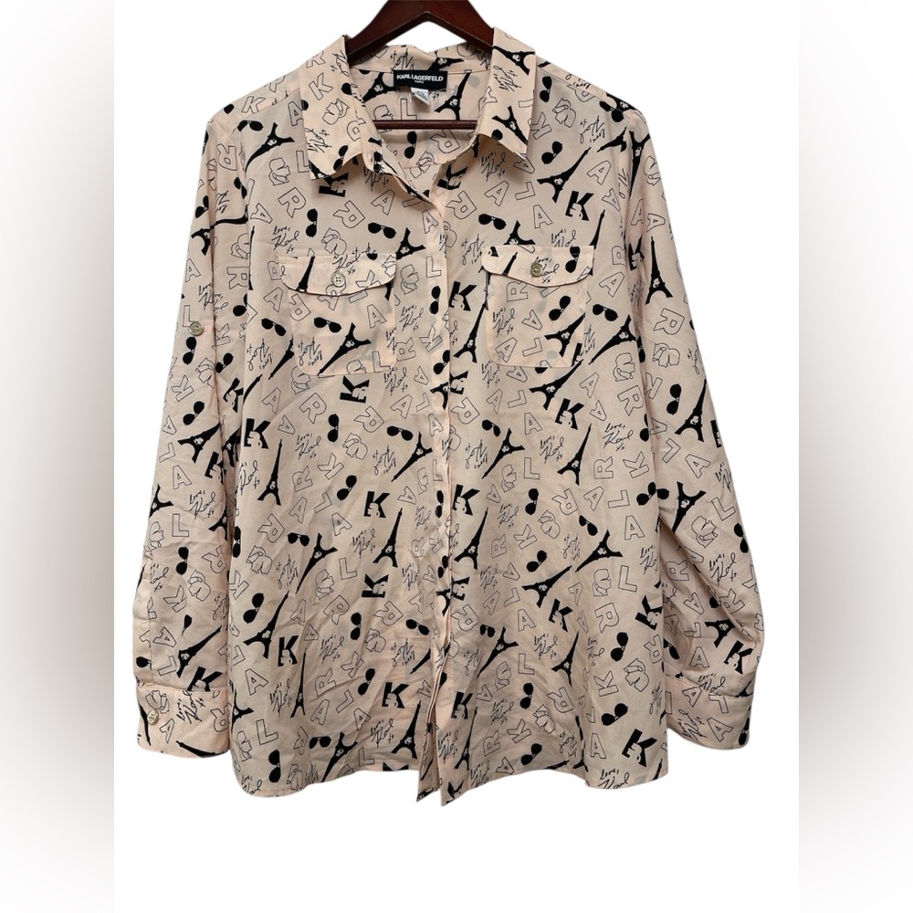 Karl Lagerfeld Pink Paris Printed Button Down Top